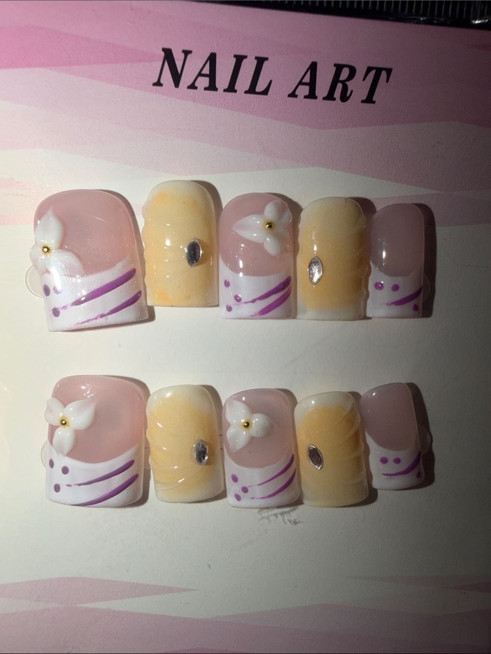 Handcrafted Floral Press-On Nail Set in Pink & Yellow